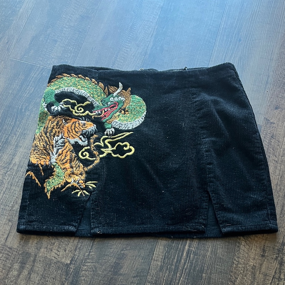 Nasty Gal Black Mini Skirt with Dragon and Tiger Embroidery